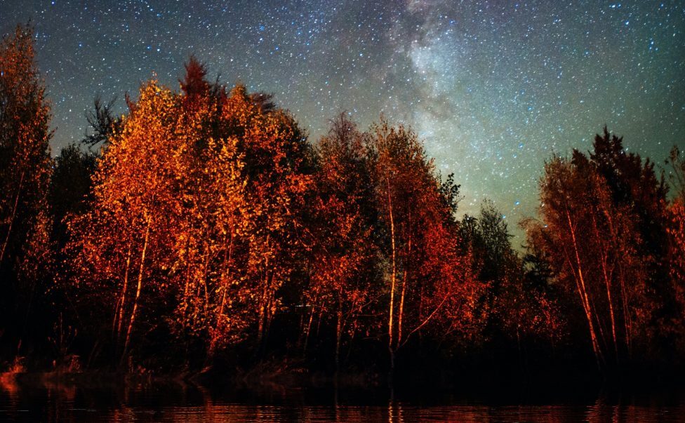 Starry sky over the sea. Fantastic Milky Way. Meteor shower